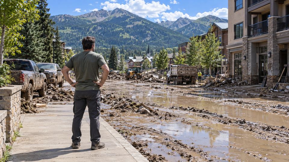 A mountain town recovering and rebuilding after a flood — emergency relief for communities